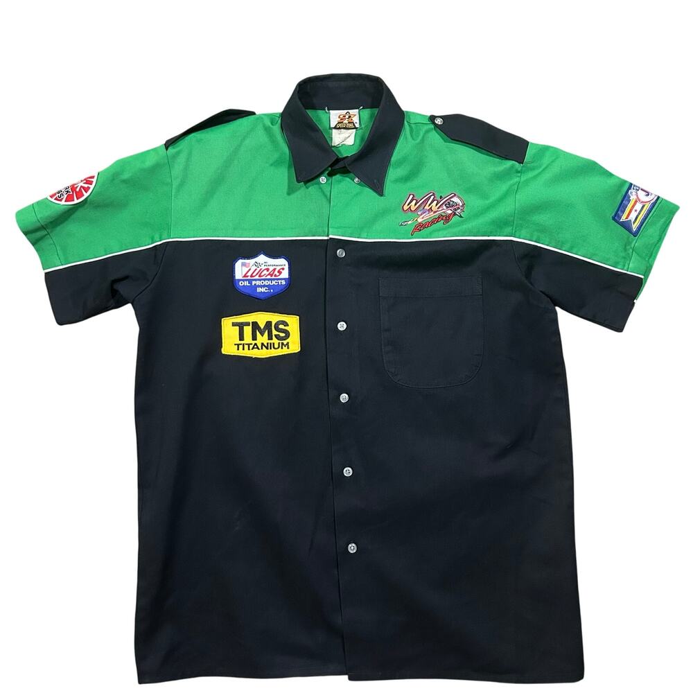 Vintage 90s Speed Zone Race Gear Shirt Mens Medium WW2 Racing Pit Crew Button